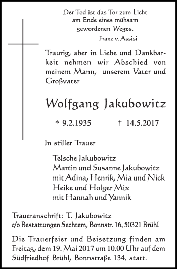Anzeige von Wolfgang Jakubowitz von  Schlossbote/Werbekurier 