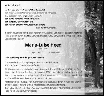 Anzeige von Maria-Luise Heeg von Kölner Stadt-Anzeiger / Kölnische Rundschau / Express