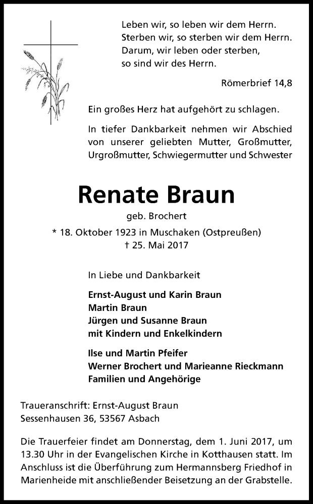  Traueranzeige für Renate Braun vom 29.05.2017 aus Kölner Stadt-Anzeiger / Kölnische Rundschau / Express