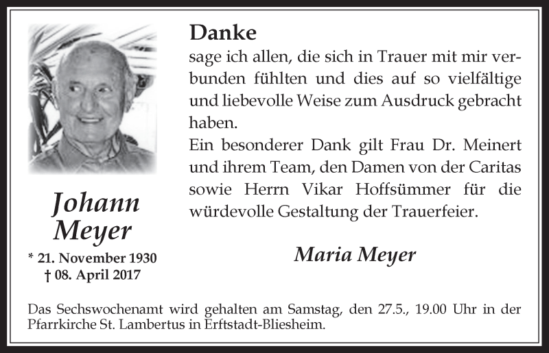  Traueranzeige für Johann Meyer vom 17.05.2017 aus  Werbepost 