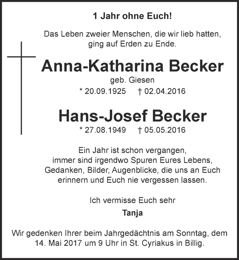  Traueranzeige für Anna-Katharina Becker vom 06.05.2017 aus  Blickpunkt Euskirchen 