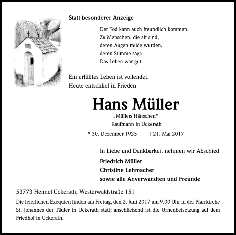  Traueranzeige für Hans Müller vom 27.05.2017 aus Kölner Stadt-Anzeiger / Kölnische Rundschau / Express