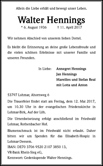 Anzeige von Walter Hennings von Kölner Stadt-Anzeiger / Kölnische Rundschau / Express