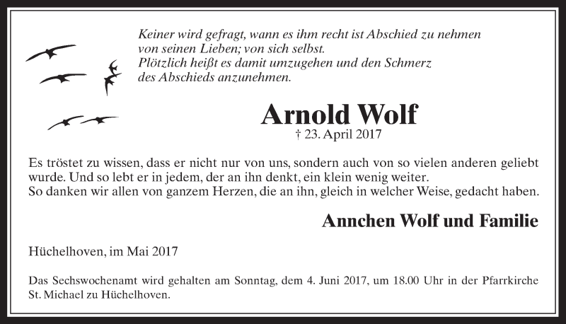  Traueranzeige für Arnold Wolf vom 31.05.2017 aus  Werbepost 