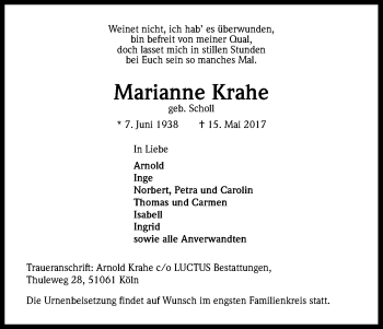 Anzeige von Marianne Krahe von Kölner Stadt-Anzeiger / Kölnische Rundschau / Express