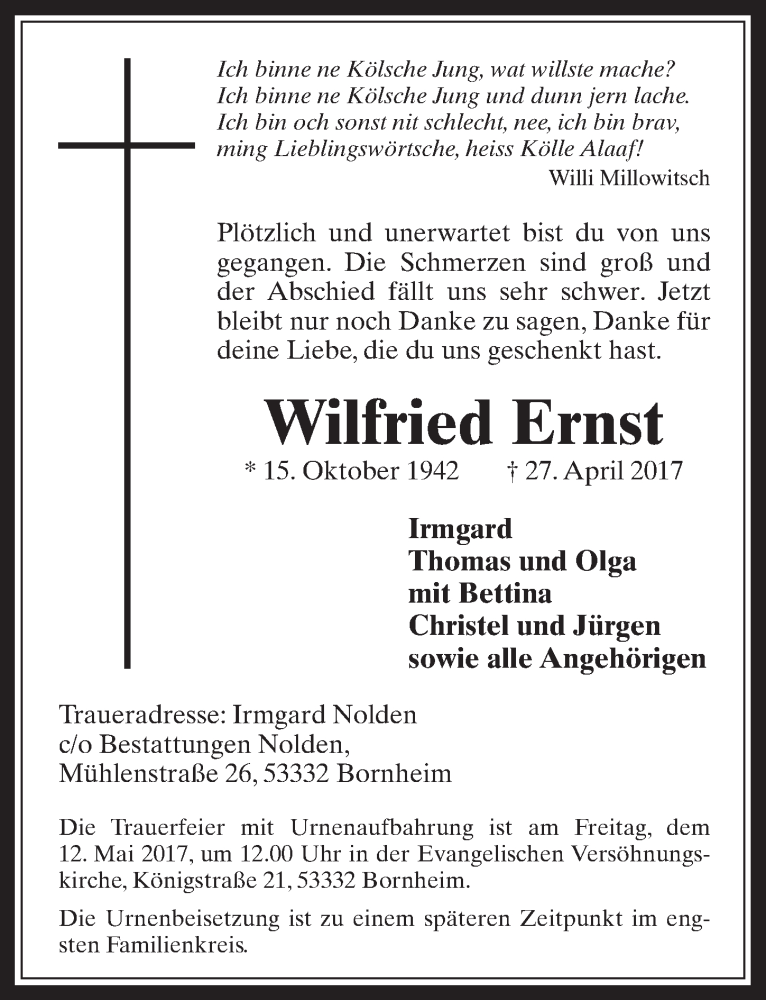  Traueranzeige für Wilfried Ernst vom 10.05.2017 aus  Schaufenster/Blickpunkt 