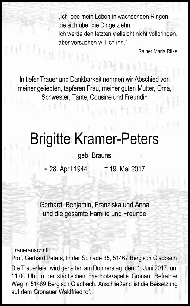  Traueranzeige für Brigitte Kramer-Peters vom 27.05.2017 aus Kölner Stadt-Anzeiger / Kölnische Rundschau / Express