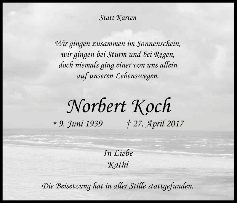  Traueranzeige für Norbert Koch vom 13.05.2017 aus Kölner Stadt-Anzeiger / Kölnische Rundschau / Express