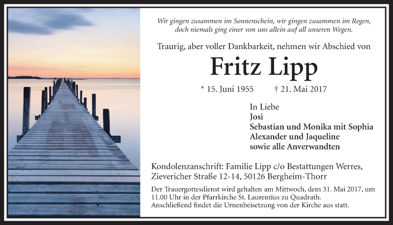  Traueranzeige für Fritz Lipp vom 27.05.2017 aus  Sonntags-Post 