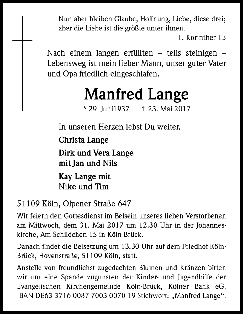  Traueranzeige für Manfred Lange vom 27.05.2017 aus Kölner Stadt-Anzeiger / Kölnische Rundschau / Express