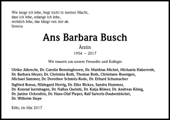 Anzeige von Ans Barbara Busch von Kölner Stadt-Anzeiger / Kölnische Rundschau / Express