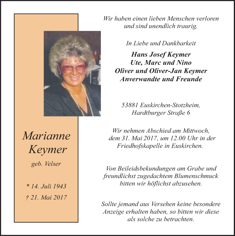  Traueranzeige für Marianne Keymer vom 27.05.2017 aus  Blickpunkt Euskirchen 