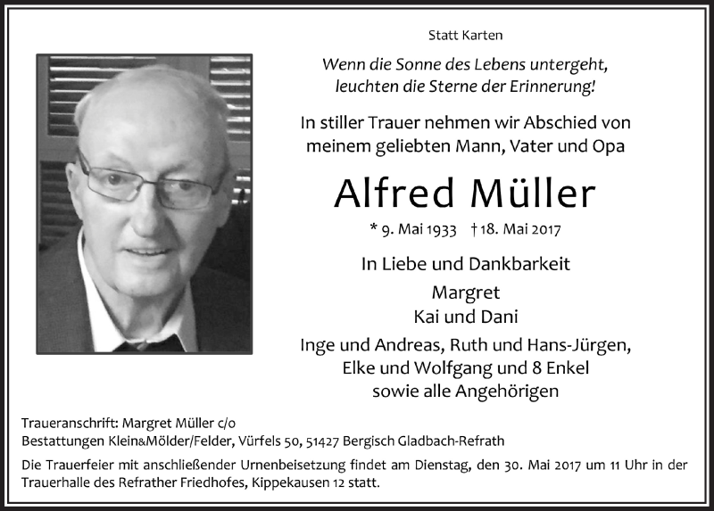  Traueranzeige für Alfred Müller vom 24.05.2017 aus  Bergisches Handelsblatt 