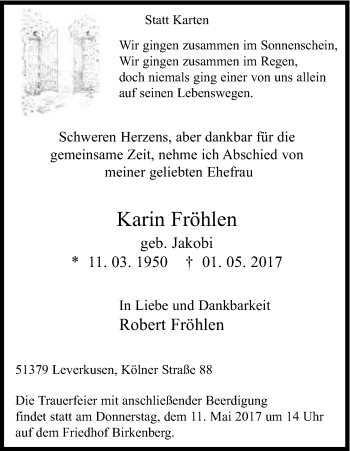 Anzeige von Karin Fröhlen von Kölner Stadt-Anzeiger / Kölnische Rundschau / Express