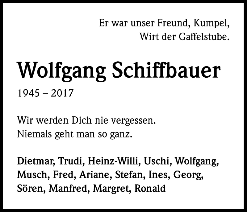  Traueranzeige für Wolfgang Schiffbauer vom 24.05.2017 aus Kölner Stadt-Anzeiger / Kölnische Rundschau / Express