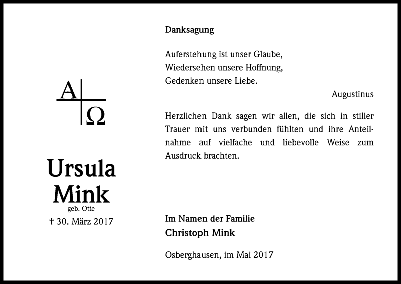  Traueranzeige für Ursula Mink vom 13.05.2017 aus Kölner Stadt-Anzeiger / Kölnische Rundschau / Express