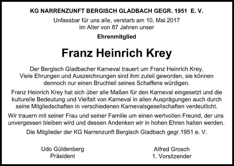  Traueranzeige für Franz Heinrich Krey vom 16.05.2017 aus Kölner Stadt-Anzeiger / Kölnische Rundschau / Express