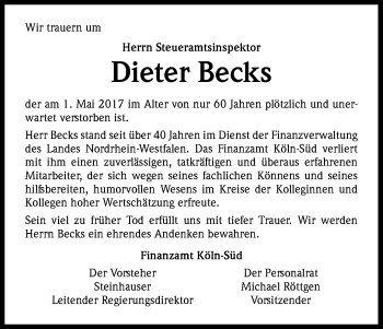 Anzeige von Dieter Becks von Kölner Stadt-Anzeiger / Kölnische Rundschau / Express