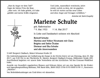 Anzeige von Marlene Schulte von Kölner Stadt-Anzeiger / Kölnische Rundschau / Express
