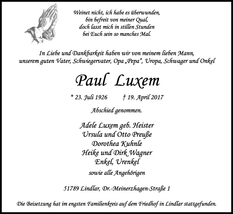  Traueranzeige für Paul Luxem vom 06.05.2017 aus Kölner Stadt-Anzeiger / Kölnische Rundschau / Express