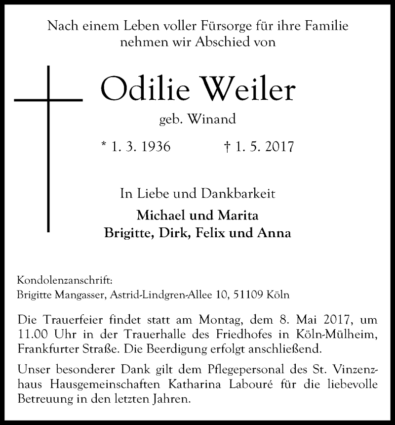  Traueranzeige für Odilie Weiler vom 06.05.2017 aus Kölner Stadt-Anzeiger / Kölnische Rundschau / Express