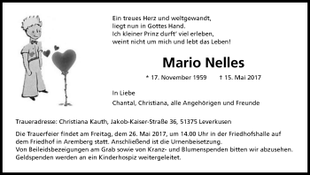 Anzeige von Mario Nelles von Kölner Stadt-Anzeiger / Kölnische Rundschau / Express