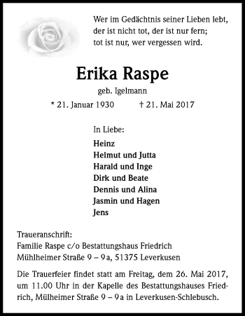 Anzeige von Erika Raspe von Kölner Stadt-Anzeiger / Kölnische Rundschau / Express
