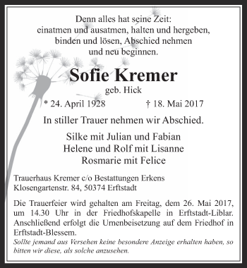 Anzeige von Sofie Kremer von  Sonntags-Post 