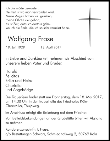 Anzeige von Wolfgang Frase von Kölner Stadt-Anzeiger / Kölnische Rundschau / Express