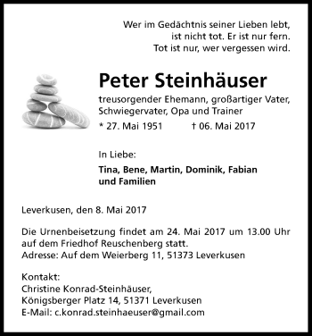 Anzeige von Peter Steinhäuser von Kölner Stadt-Anzeiger / Kölnische Rundschau / Express