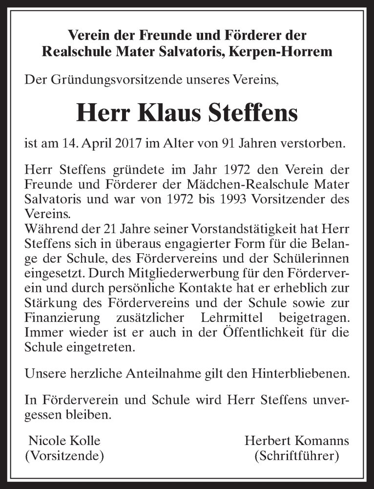  Traueranzeige für Klaus Steffens vom 03.05.2017 aus  Werbepost 