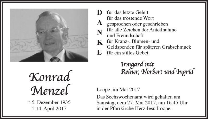 Traueranzeige für Konrad Menzel vom 24.05.2017 aus  Anzeigen Echo 