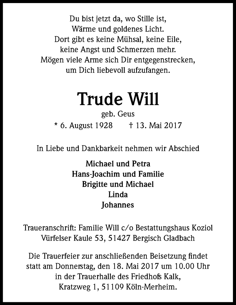  Traueranzeige für Trude Will vom 17.05.2017 aus Kölner Stadt-Anzeiger / Kölnische Rundschau / Express