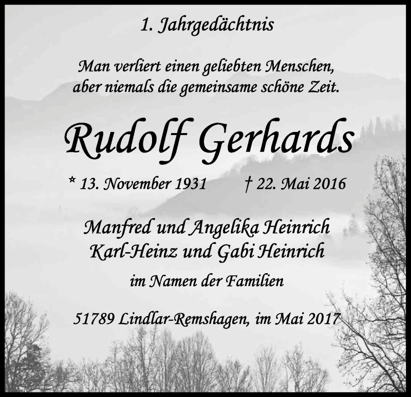  Traueranzeige für Rudolf Gerhards vom 22.05.2017 aus Kölner Stadt-Anzeiger / Kölnische Rundschau / Express