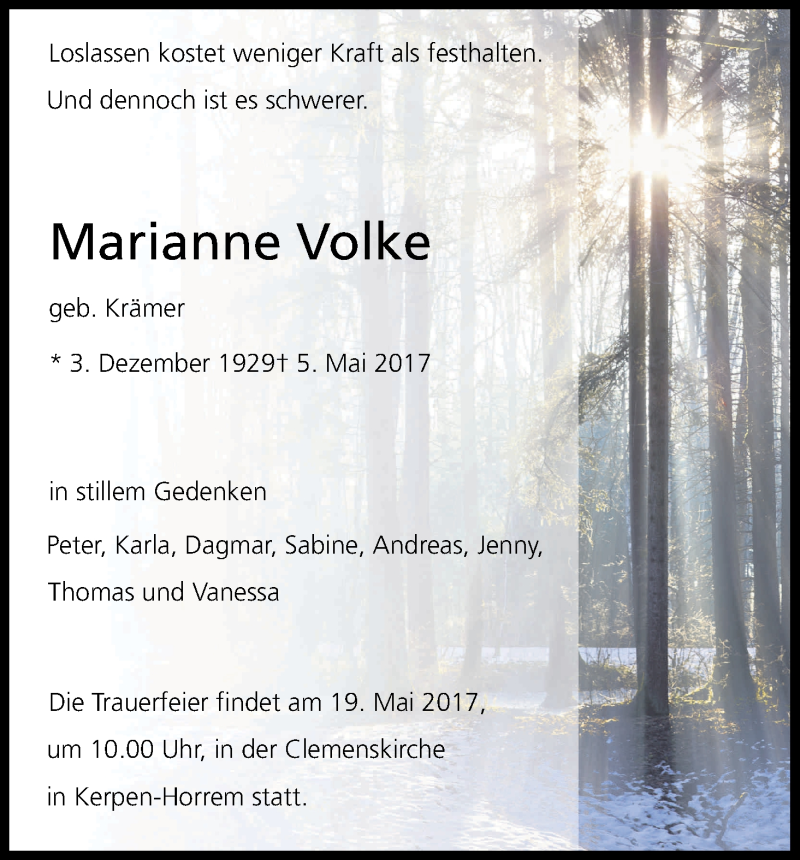  Traueranzeige für Marianne Volke vom 16.05.2017 aus Kölner Stadt-Anzeiger / Kölnische Rundschau / Express