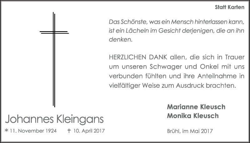  Traueranzeige für Johannes Kleingans vom 24.05.2017 aus  Schlossbote/Werbekurier 