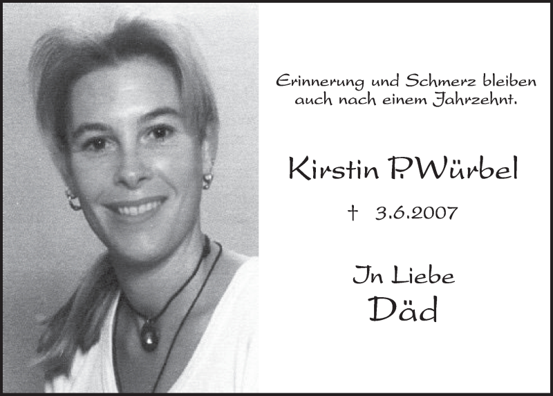  Traueranzeige für Kirstin P. Würbel vom 31.05.2017 aus  Schlossbote/Werbekurier 