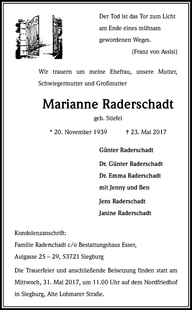  Traueranzeige für Marianne Raderschadt vom 27.05.2017 aus Kölner Stadt-Anzeiger / Kölnische Rundschau / Express