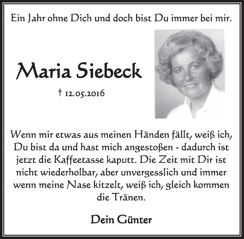 Traueranzeige für Maria Siebeck vom 13.05.2017 aus  Sonntags-Post 