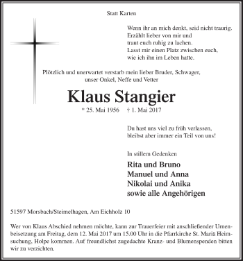 Anzeige von Klaus Stangier von  Lokalanzeiger 
