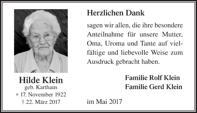  Traueranzeige für Hilde Klein vom 03.05.2017 aus  Lokalanzeiger 
