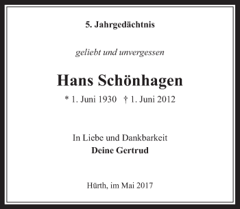 Anzeige von Hans Schönhagen von  Wochenende 