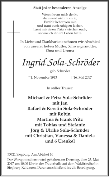 Anzeige von Ingrid Sola-Schröder von  Rhein-Sieg-Wochenende 