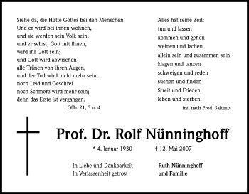 Anzeige von Rolf Nünninghoff von Kölner Stadt-Anzeiger / Kölnische Rundschau / Express