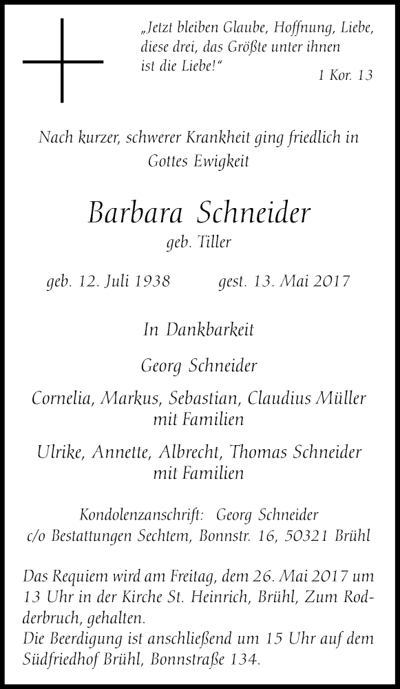  Traueranzeige für Barbara Schneider vom 20.05.2017 aus Kölner Stadt-Anzeiger / Kölnische Rundschau / Express