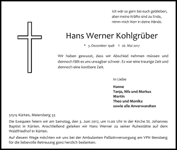 Anzeige von Hans Werner Kohlgräber von Kölner Stadt-Anzeiger / Kölnische Rundschau / Express