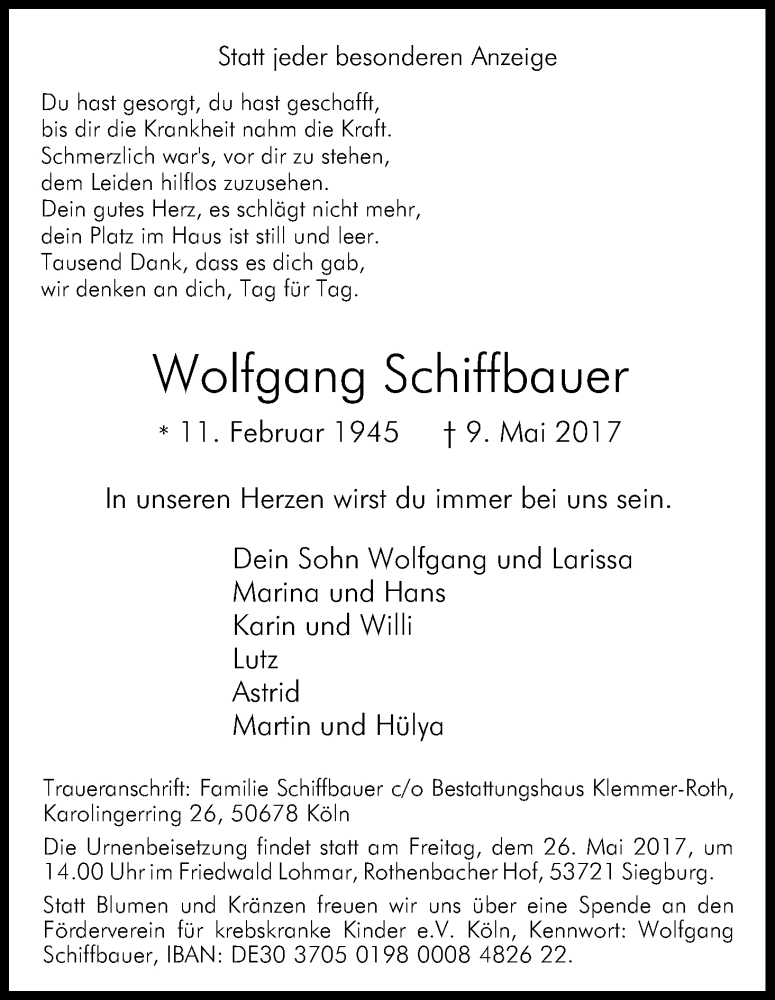  Traueranzeige für Wolfgang Schiffbauer vom 20.05.2017 aus Kölner Stadt-Anzeiger / Kölnische Rundschau / Express