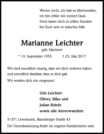 Anzeige von Marianne Leichter von Kölner Stadt-Anzeiger / Kölnische Rundschau / Express