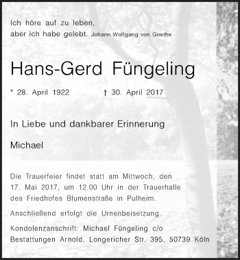 Anzeige von Hans-Gerd Füngeling von  Wochenende 