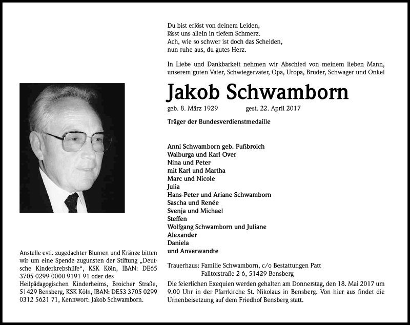  Traueranzeige für Jakob Schwamborn vom 06.05.2017 aus Kölner Stadt-Anzeiger / Kölnische Rundschau / Express